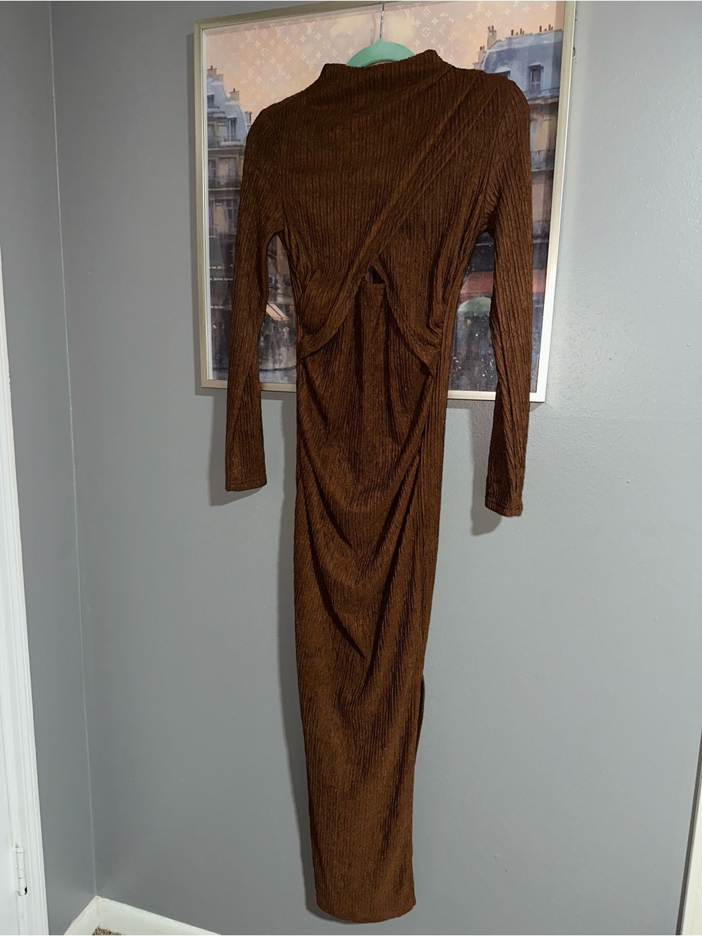 SHEIN Brown Ribbed Long Sleeve Maxi Dress